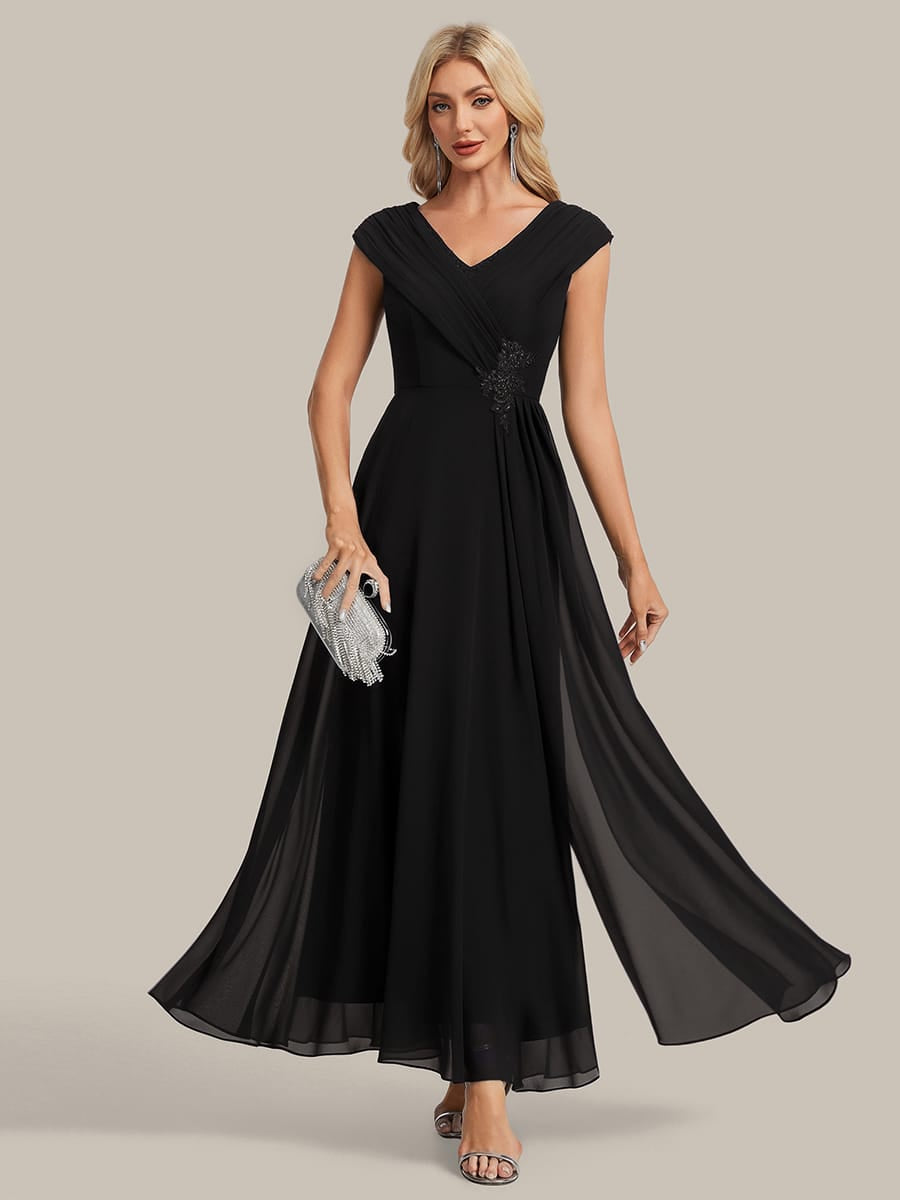 Flowing Ribbons Chiffon Cap Sleeve Dress #color_Black