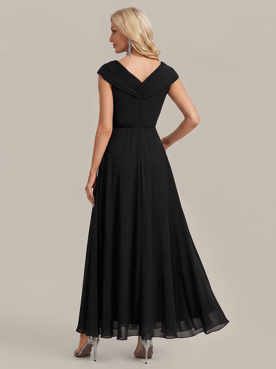 Flowing Ribbons Chiffon Cap Sleeve Dress #color_Black