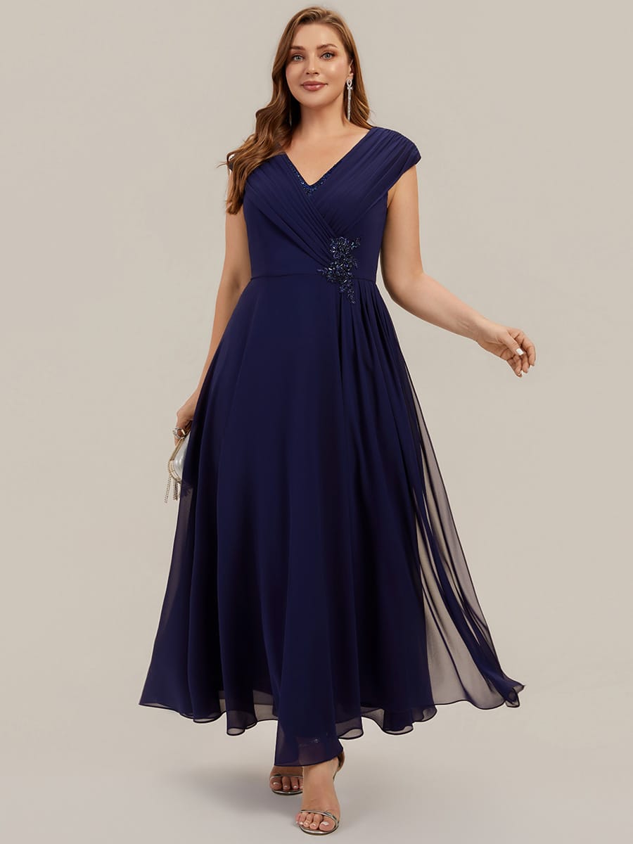 Flowing Ribbons Chiffon Cap Sleeve Dress #color_Navy Blue