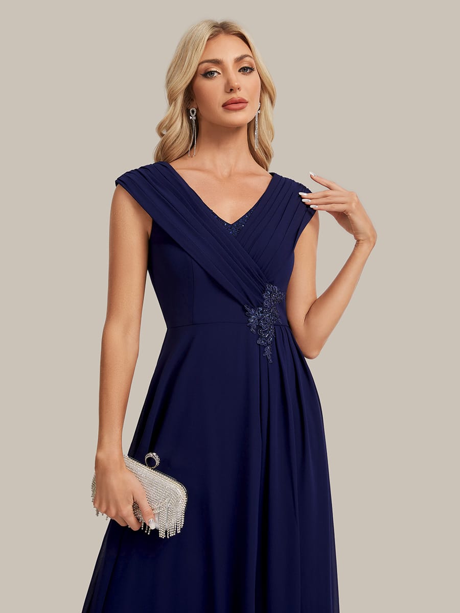 Flowing Ribbons Chiffon Cap Sleeve Dress #color_Navy Blue