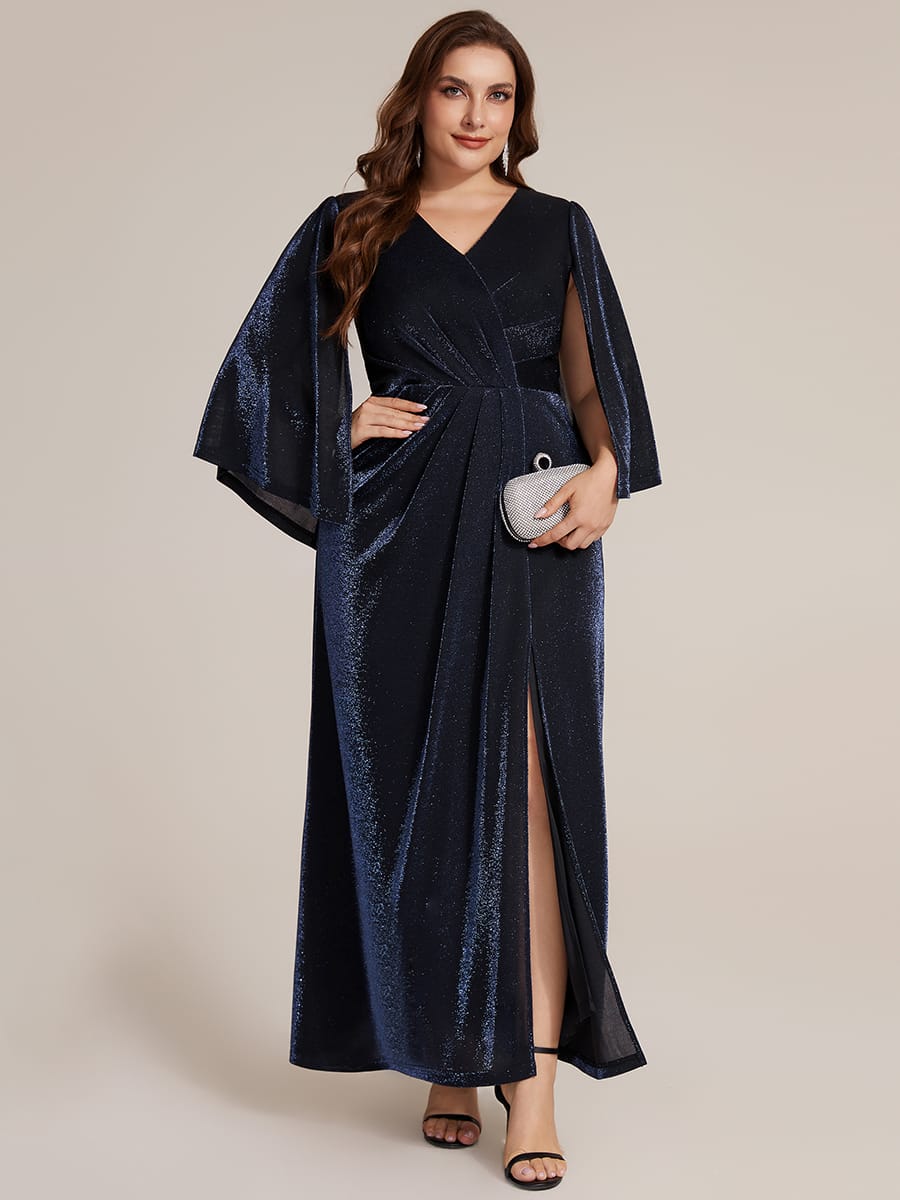 Lurex Mesh Cape Sleeve Sheath Dress #color_Navy Blue