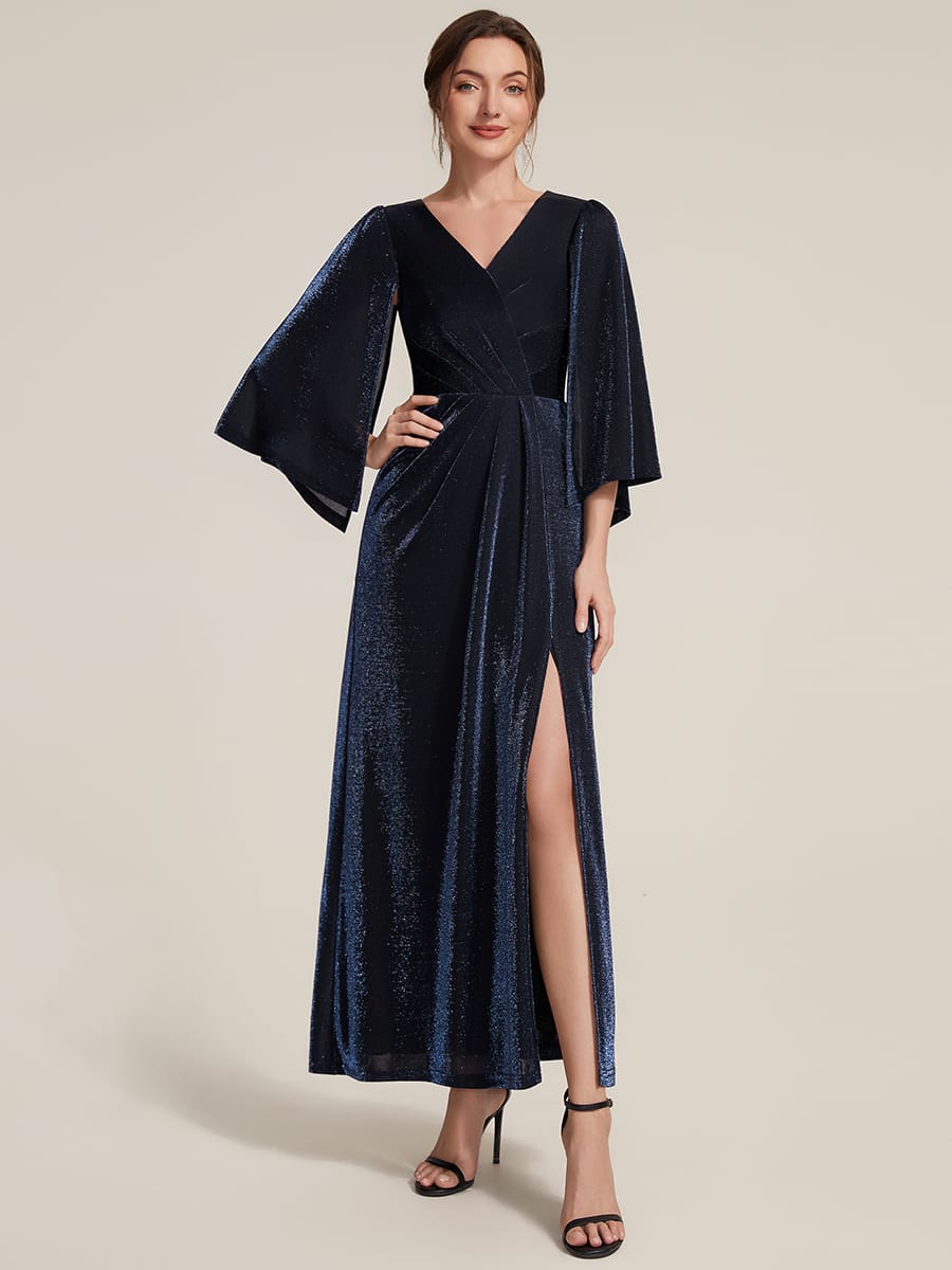 Lurex Mesh Cape Sleeve Sheath Dress #color_Navy Blue
