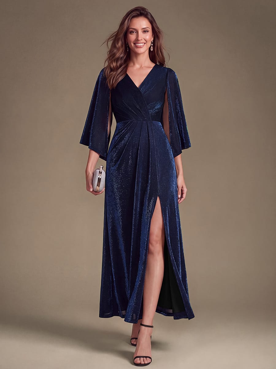 Lurex Mesh Cape Sleeve Sheath Dress #color_Navy Blue