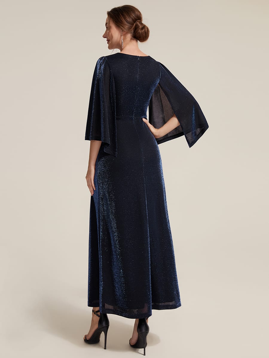 Lurex Mesh Cape Sleeve Sheath Dress #color_Navy Blue