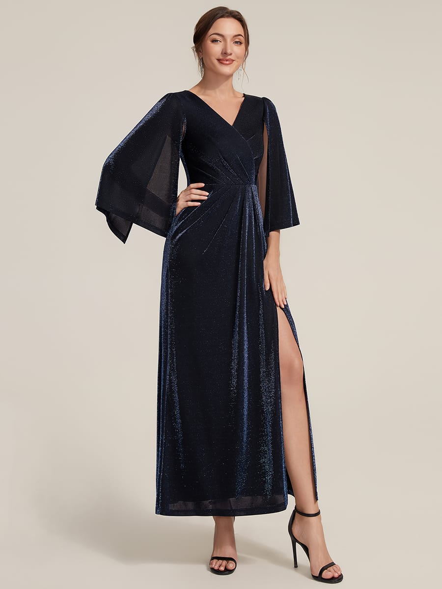 Lurex Mesh Cape Sleeve Sheath Dress #color_Navy Blue