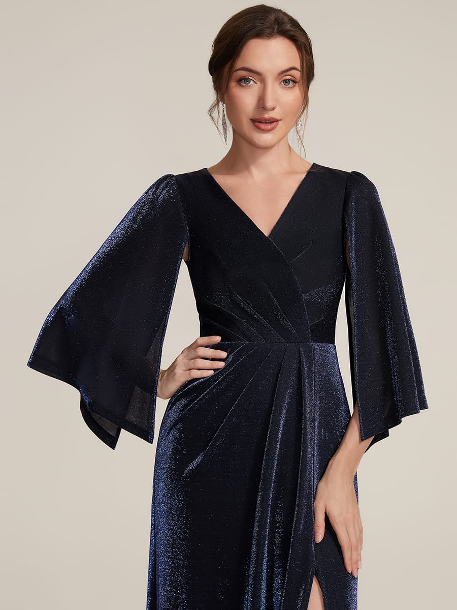 Lurex Mesh Cape Sleeve Sheath Dress #color_Navy Blue