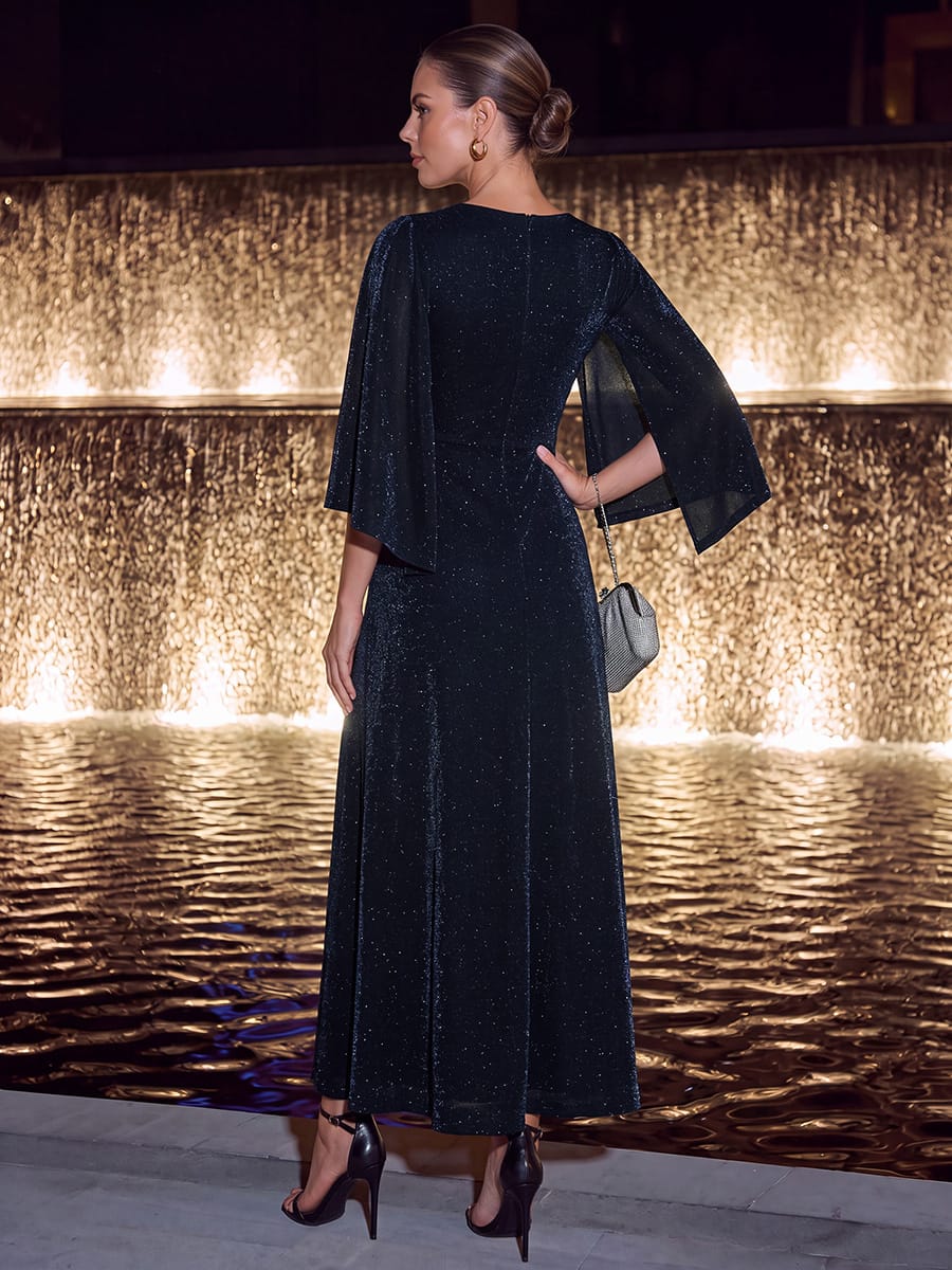 Lurex Mesh Cape Sleeve Sheath Dress #color_Navy Blue