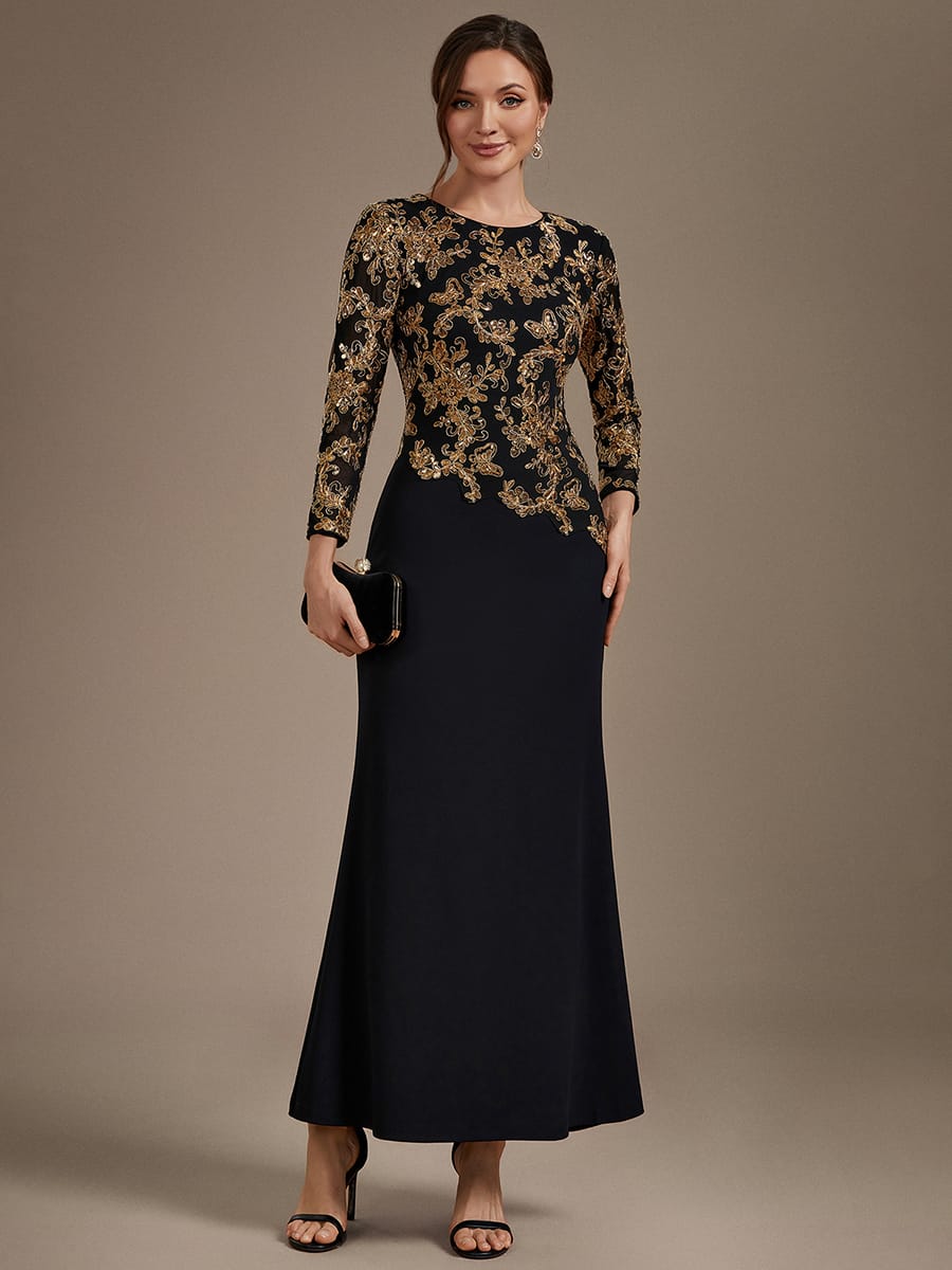 Sequin Fitted Sleeve Bodycon Dress #color_Black & Gold