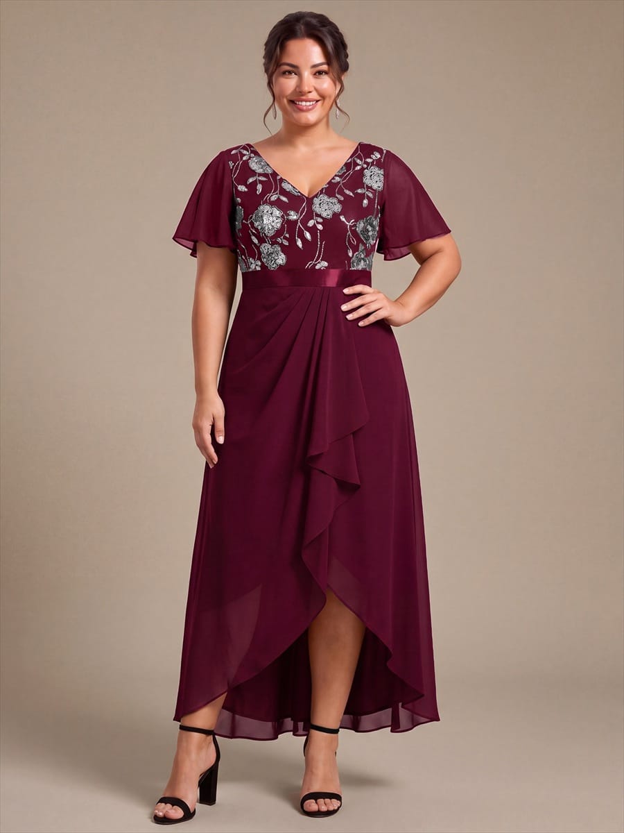Chiffon Maxi Length V-neckline Asymmetrical Ruffle sleeves dress for the mother of the bride #color_Burgundy