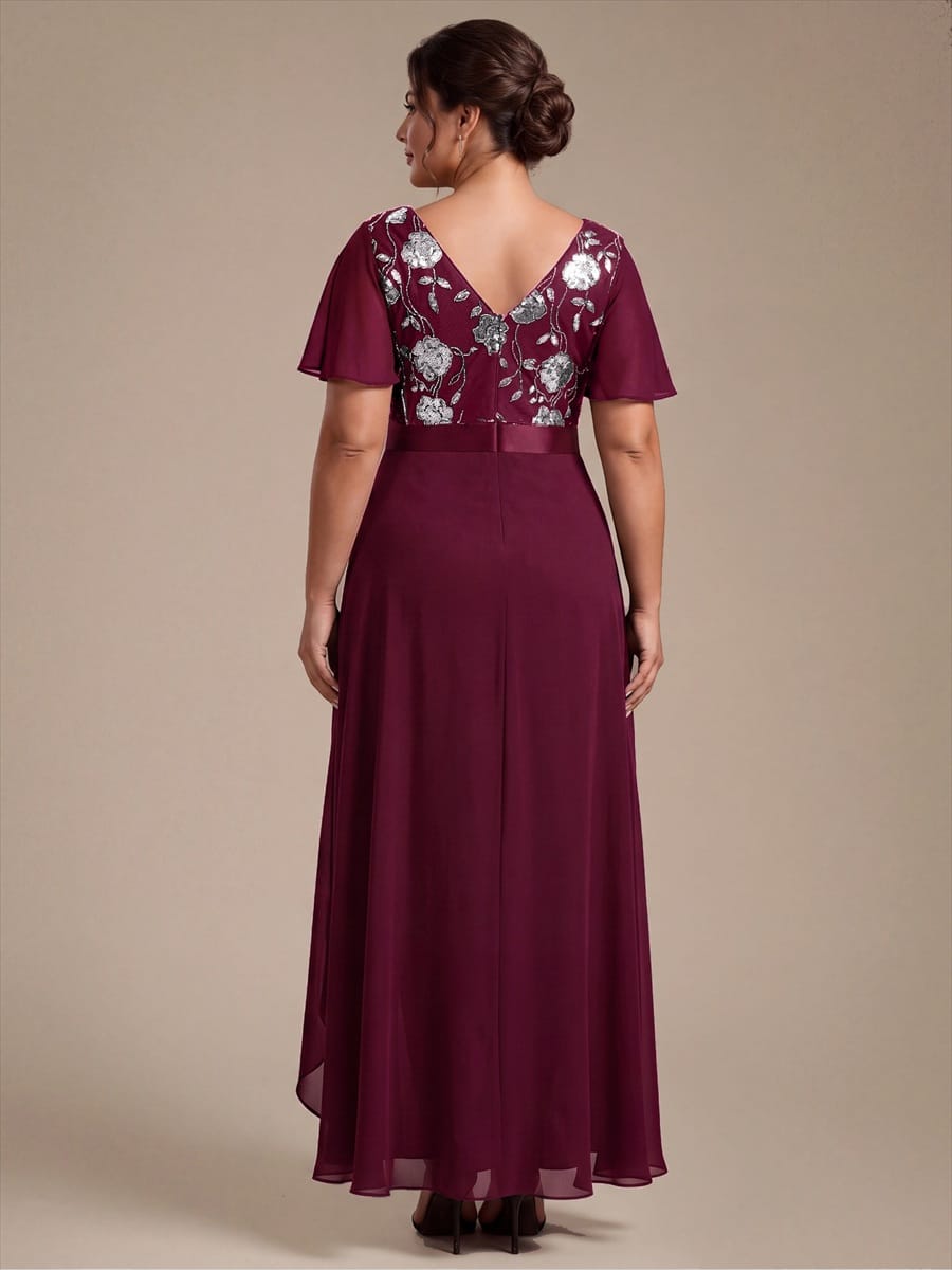 Chiffon Maxi Length V-neckline Asymmetrical Ruffle sleeves dress for the mother of the bride #color_Burgundy