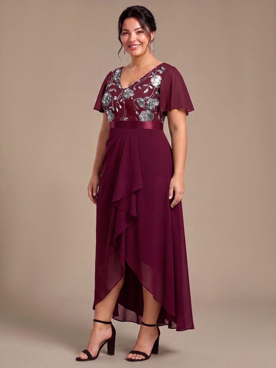 Chiffon Maxi Length V-neckline Asymmetrical Ruffle sleeves dress for the mother of the bride #color_Burgundy