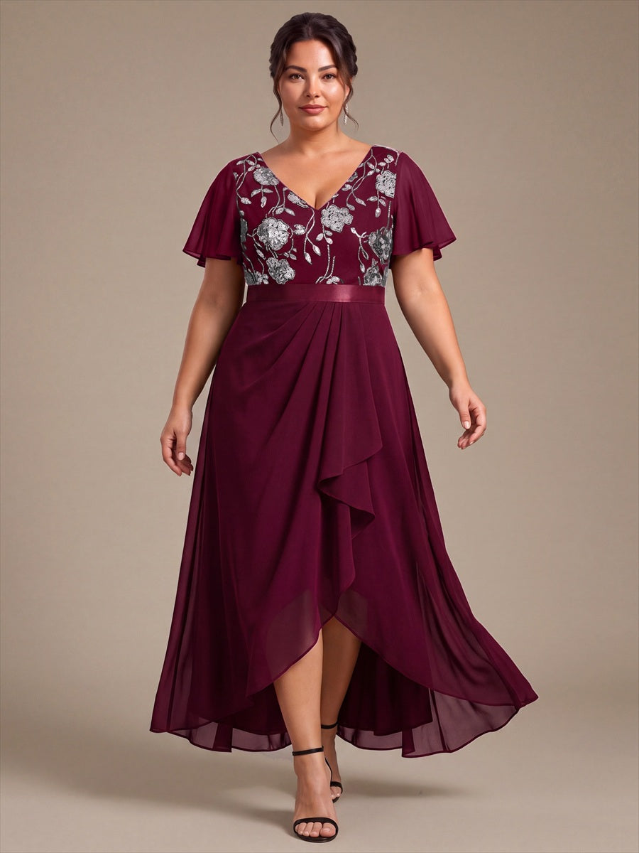 Chiffon Maxi Length V-neckline Asymmetrical Ruffle sleeves dress for the mother of the bride #color_Burgundy