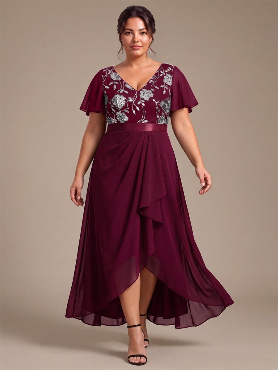 Chiffon Maxi Length V-neckline Asymmetrical Ruffle sleeves dress for the mother of the bride #color_Burgundy