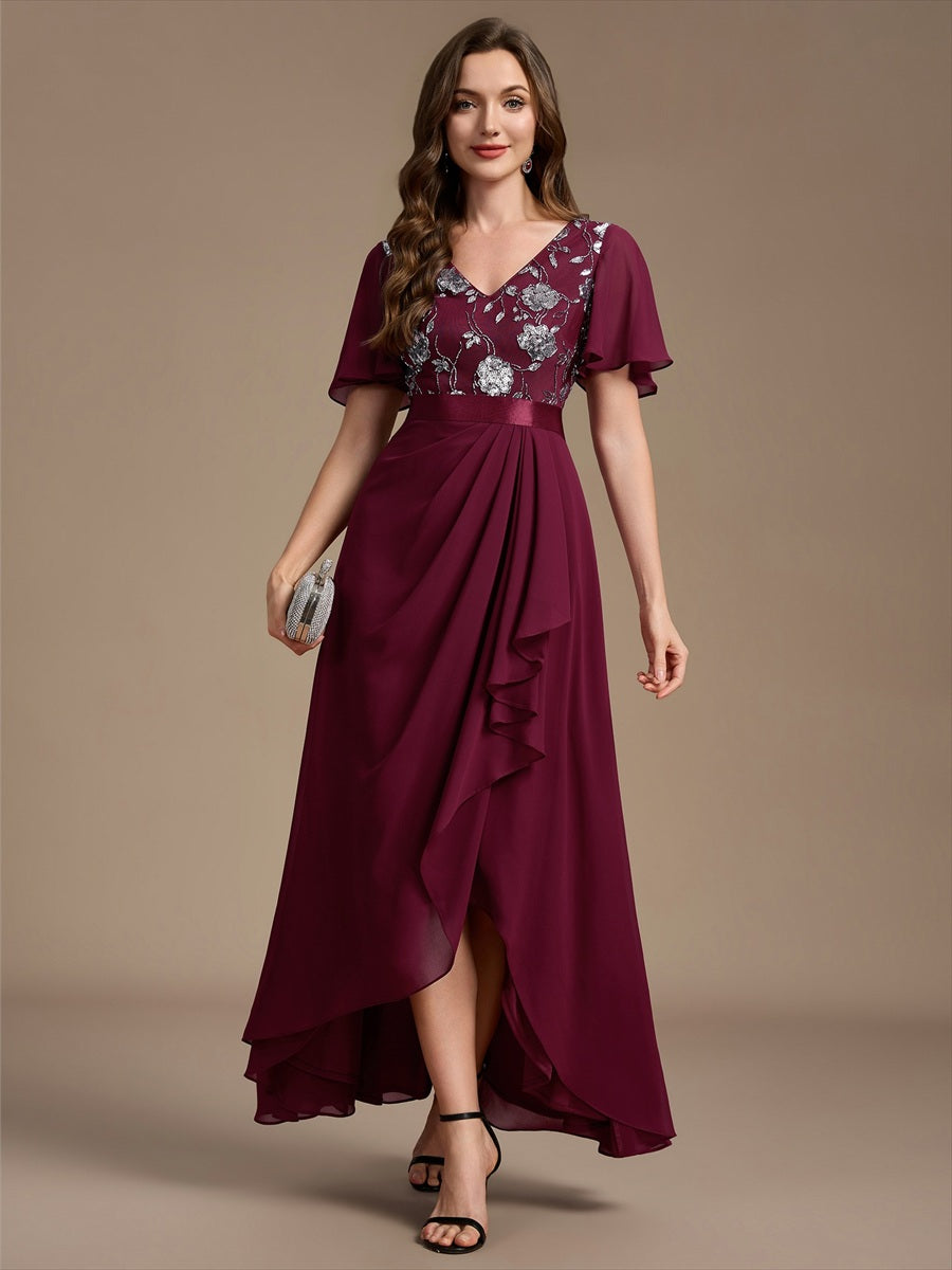 Chiffon Maxi Length V-neckline Asymmetrical Ruffle sleeves dress for the mother of the bride #color_Burgundy
