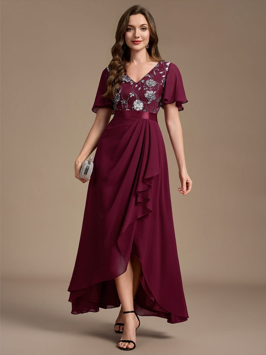 Chiffon Maxi Length V-neckline Asymmetrical Ruffle sleeves dress for the mother of the bride #color_Burgundy