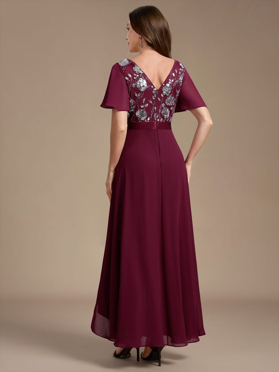 Chiffon Maxi Length V-neckline Asymmetrical Ruffle sleeves dress for the mother of the bride #color_Burgundy