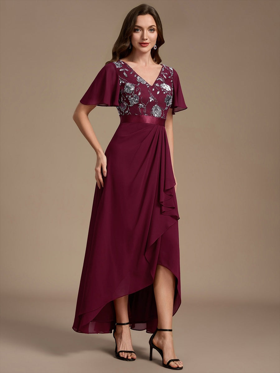 Chiffon Maxi Length V-neckline Asymmetrical Ruffle sleeves dress for the mother of the bride #color_Burgundy