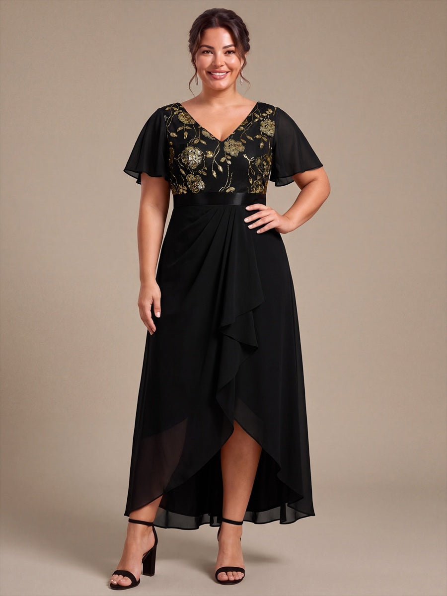 Chiffon Maxi Length V-neckline Asymmetrical Ruffle sleeves dress for the mother of the bride #color_Black & Gold
