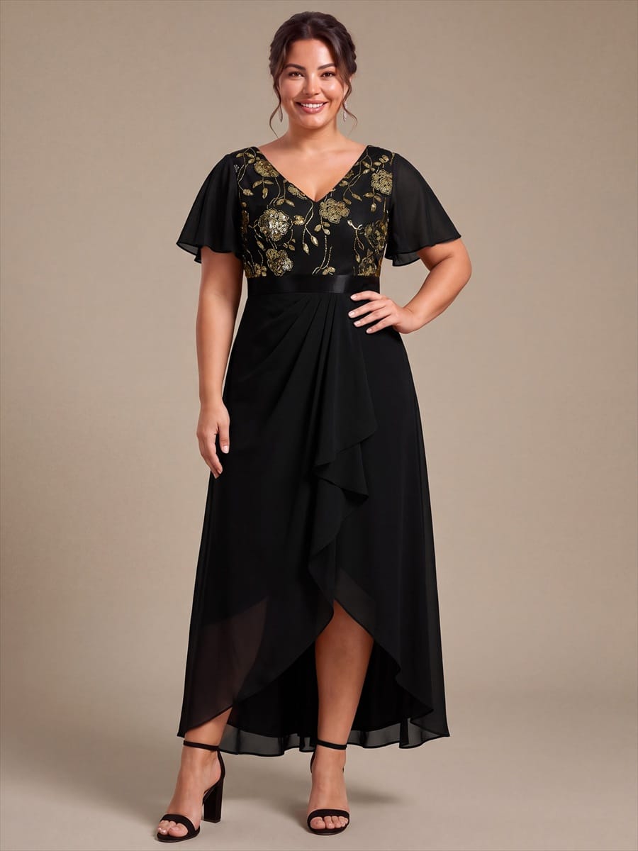 Chiffon Maxi Length V-neckline Asymmetrical Ruffle sleeves dress for the mother of the bride #color_Black & Gold