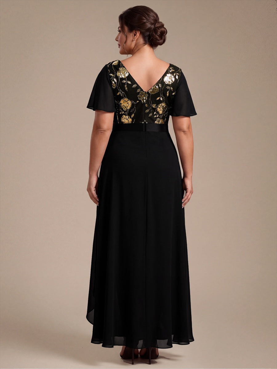 Chiffon Maxi Length V-neckline Asymmetrical Ruffle sleeves dress for the mother of the bride #color_Black & Gold