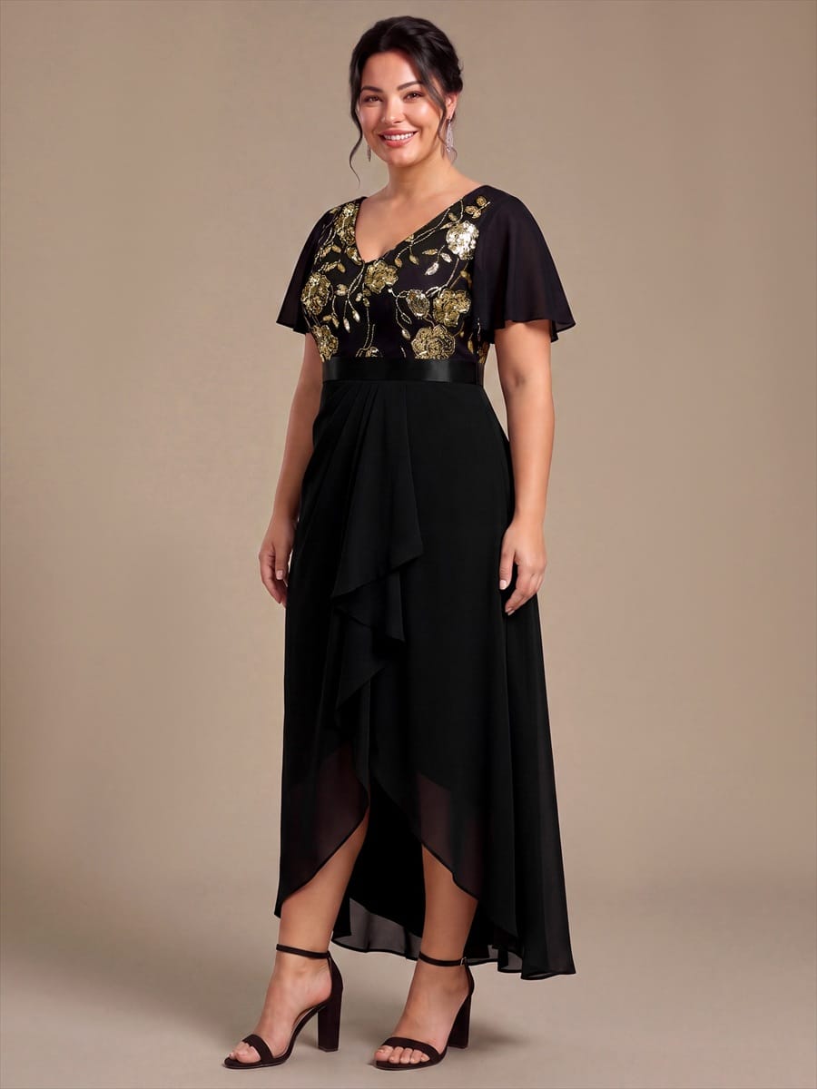 Chiffon Maxi Length V-neckline Asymmetrical Ruffle sleeves dress for the mother of the bride #color_Black & Gold