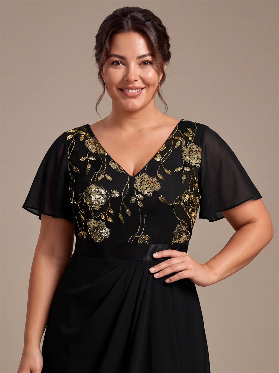 Chiffon Maxi Length V-neckline Asymmetrical Ruffle sleeves dress for the mother of the bride #color_Black & Gold
