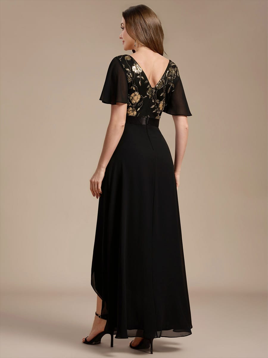 Chiffon Maxi Length V-neckline Asymmetrical Ruffle sleeves dress for the mother of the bride #color_Black & Gold