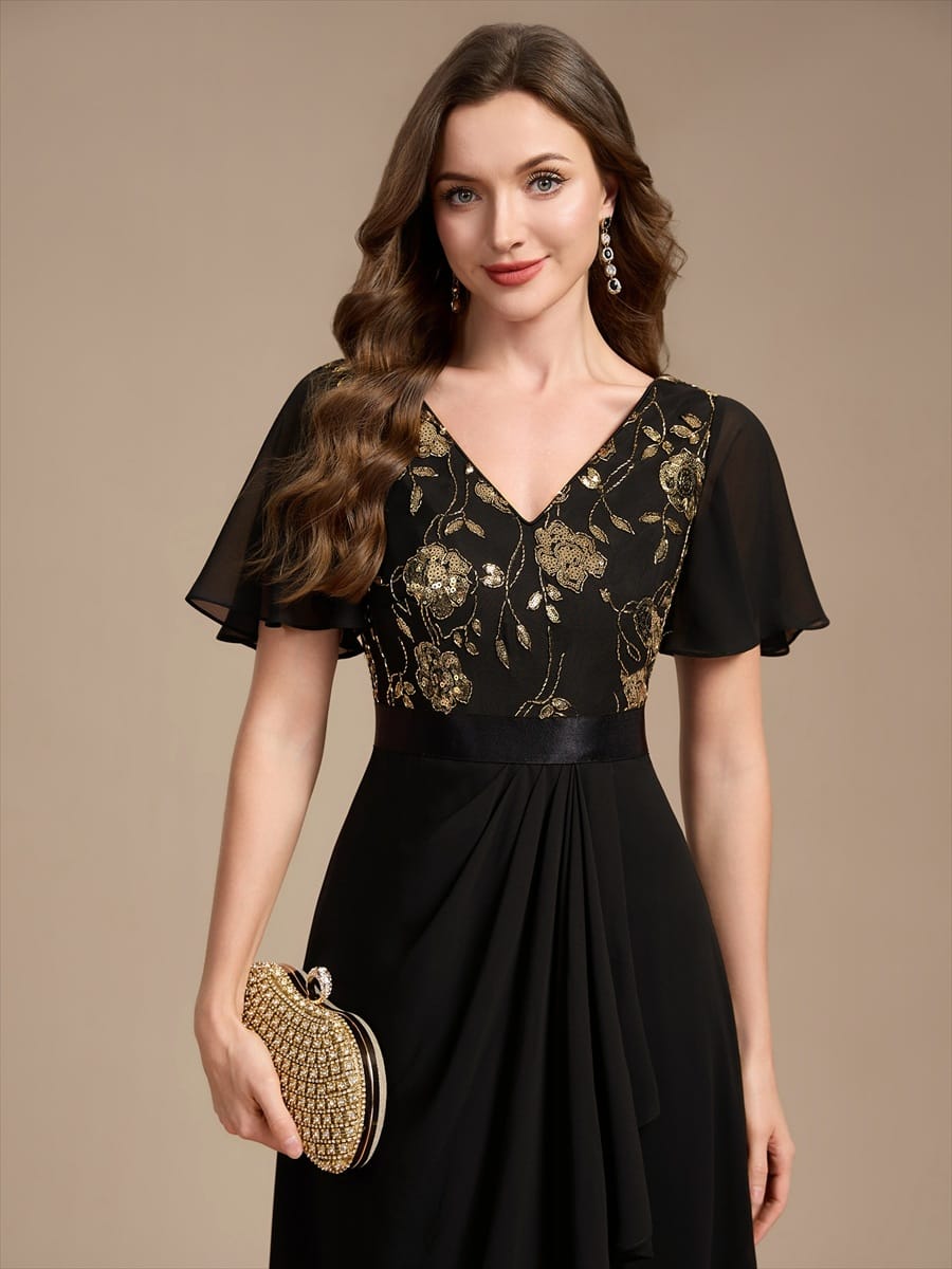 Chiffon Maxi Length V-neckline Asymmetrical Ruffle sleeves dress for the mother of the bride #color_Black & Gold