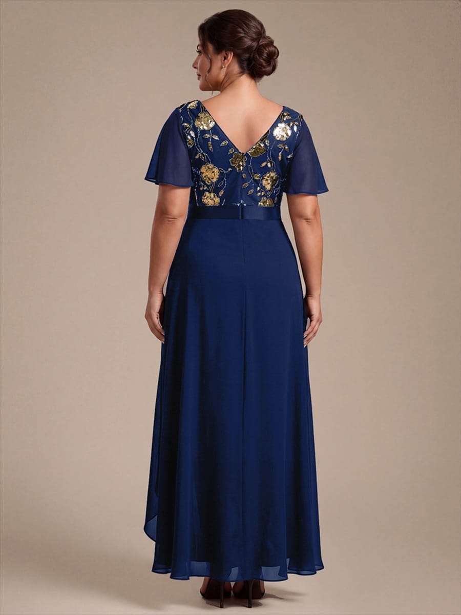 Chiffon Maxi Length V-neckline Asymmetrical Ruffle sleeves dress for the mother of the bride #color_Navy Blue