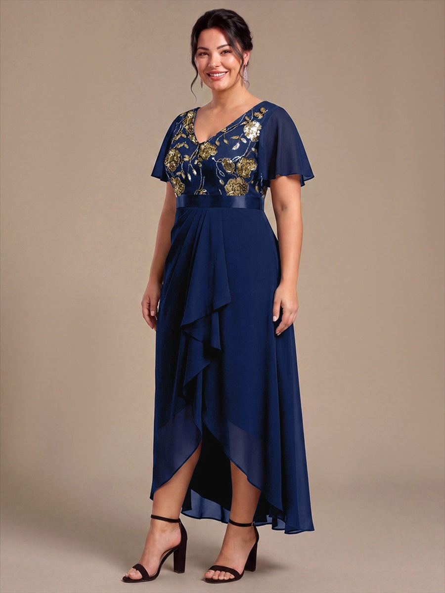 Chiffon Maxi Length V-neckline Asymmetrical Ruffle sleeves dress for the mother of the bride #color_Navy Blue