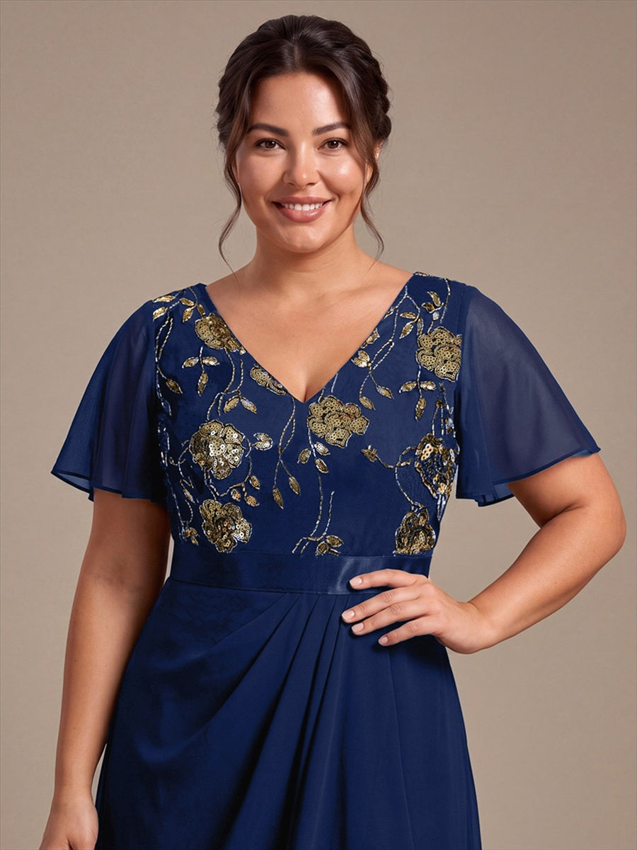 Chiffon Maxi Length V-neckline Asymmetrical Ruffle sleeves dress for the mother of the bride #color_Navy Blue