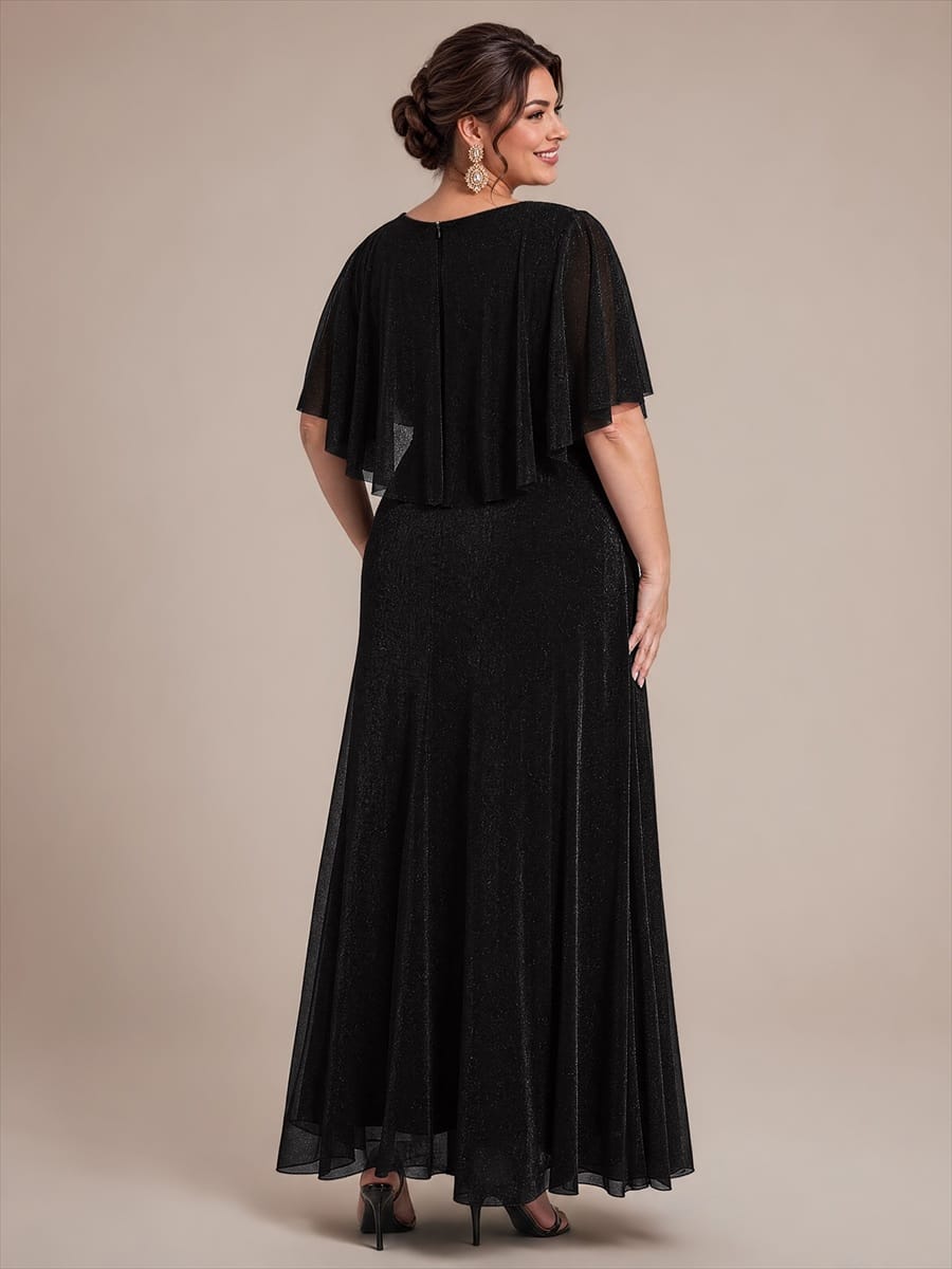 Floor Length with Round neckline, A-line, Cape sleeves and dress for the mother of the bride #color_Black