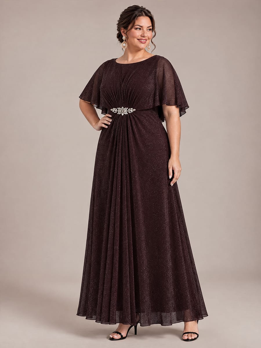 Floor Length with Round neckline, A-line, Cape sleeves and dress for the mother of the bride #color_Mahogany Brown