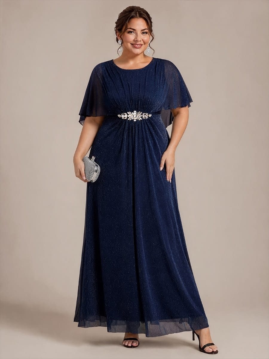 Floor Length with Round neckline, A-line, Cape sleeves and dress for the mother of the bride #color_Navy Blue