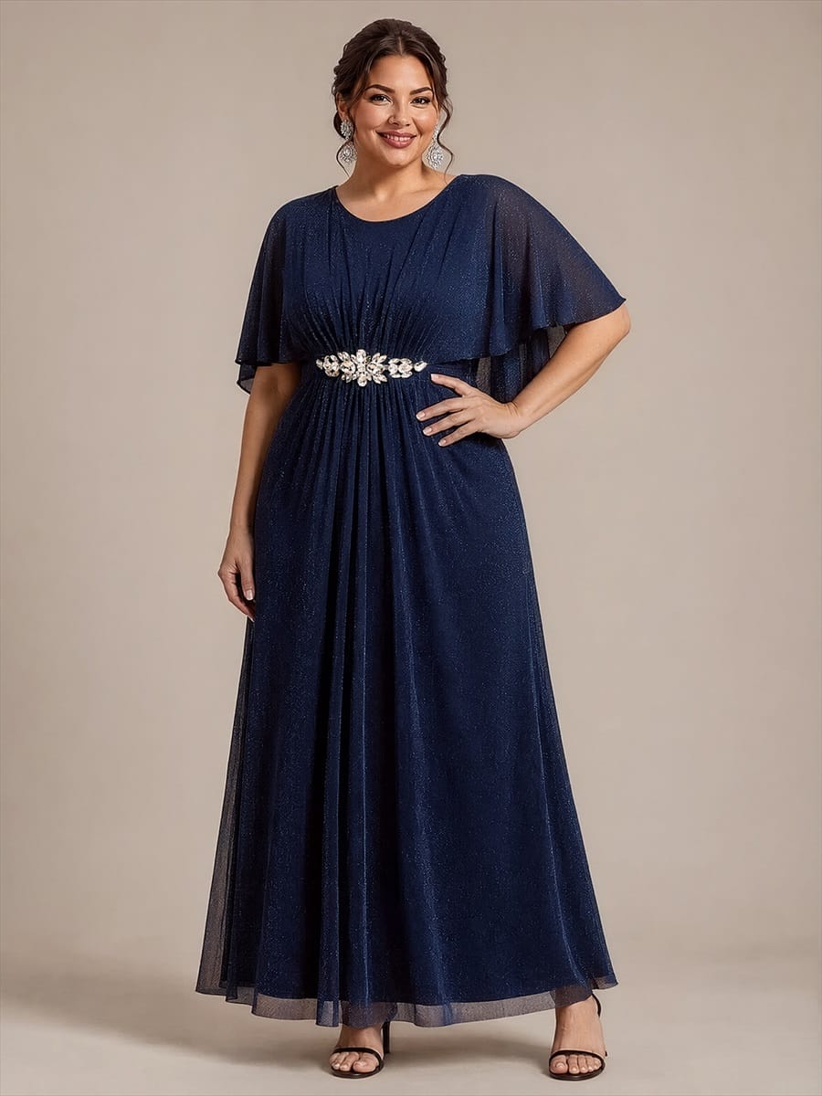 Floor Length with Round neckline, A-line, Cape sleeves and dress for the mother of the bride #color_Navy Blue