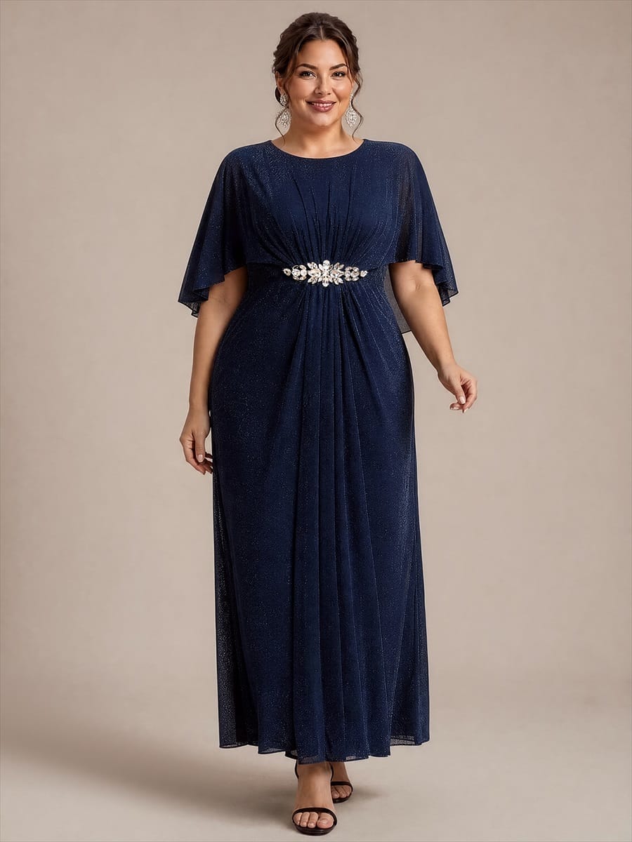 Floor Length with Round neckline, A-line, Cape sleeves and dress for the mother of the bride #color_Navy Blue