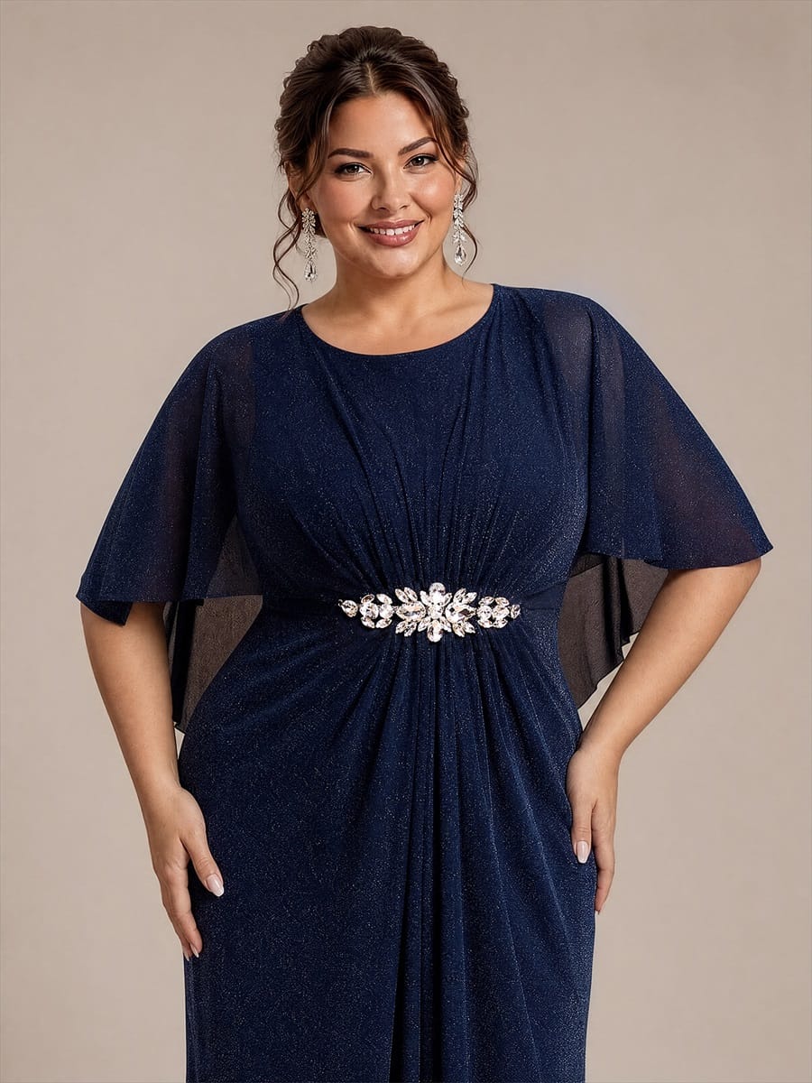 Floor Length with Round neckline, A-line, Cape sleeves and dress for the mother of the bride #color_Navy Blue