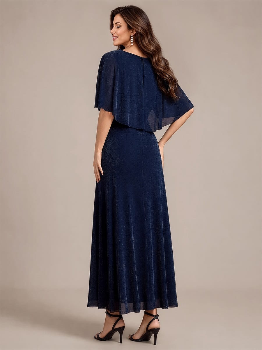 Floor Length with Round neckline, A-line, Cape sleeves and dress for the mother of the bride #color_Navy Blue
