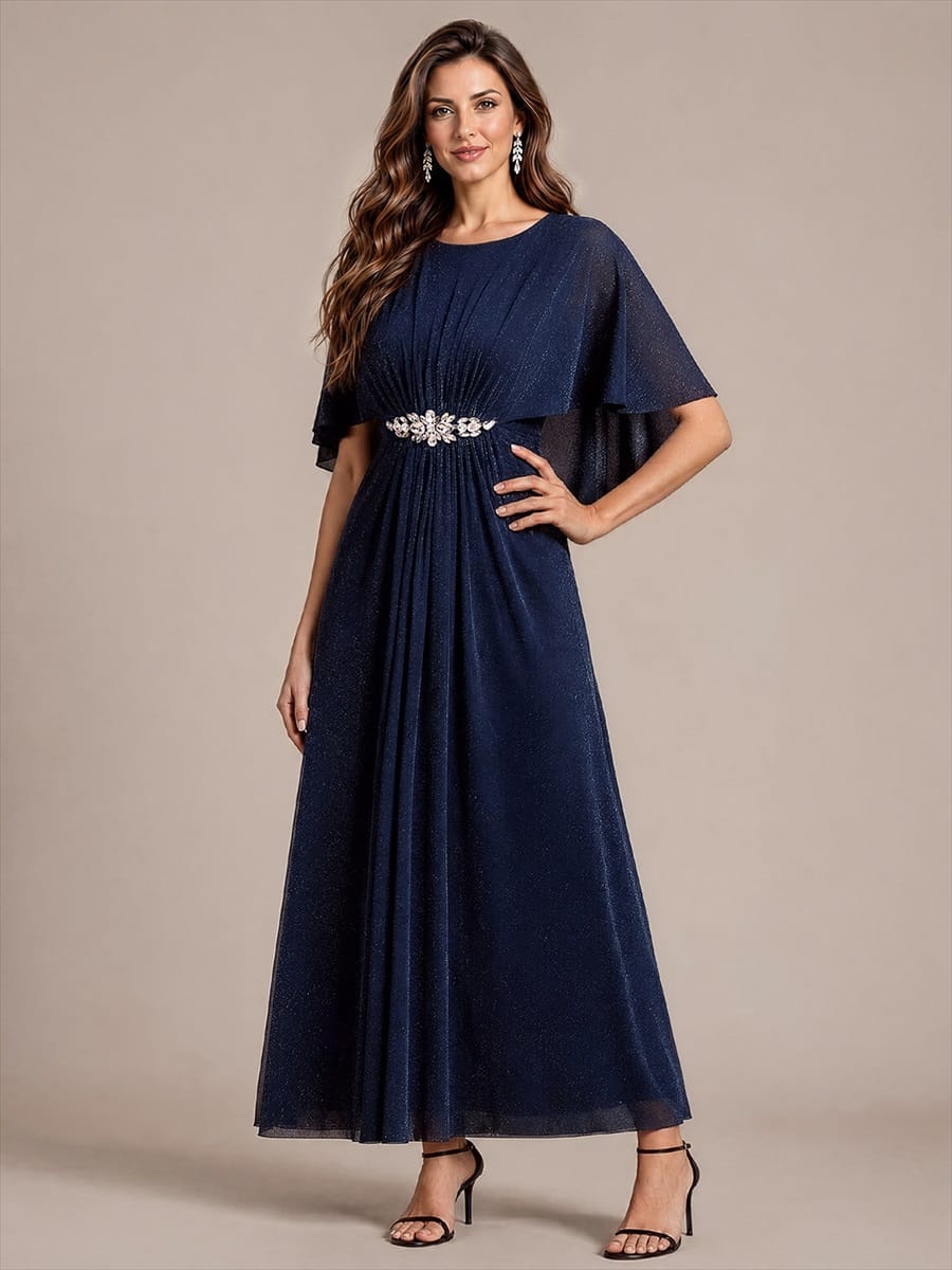Floor Length with Round neckline, A-line, Cape sleeves and dress for the mother of the bride #color_Navy Blue