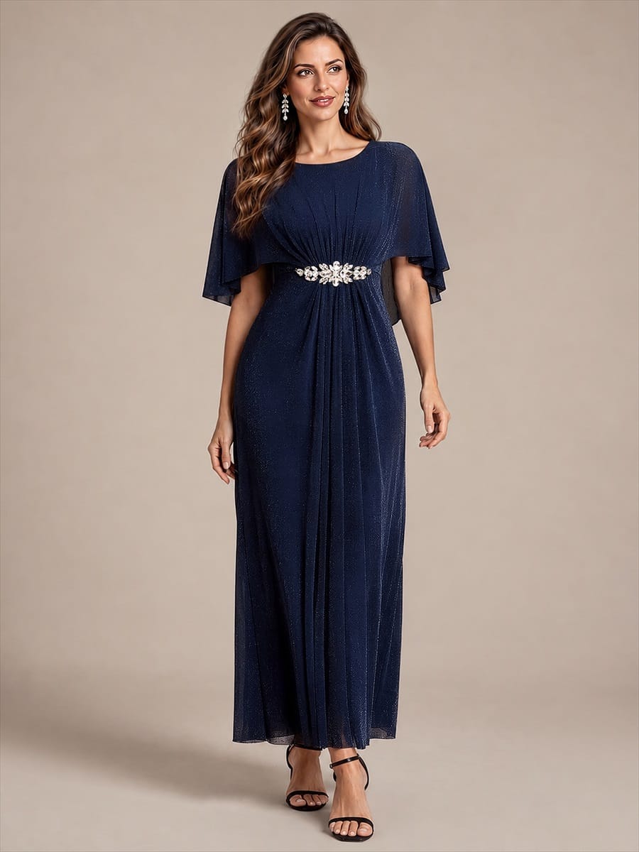 Floor Length with Round neckline, A-line, Cape sleeves and dress for the mother of the bride #color_Navy Blue