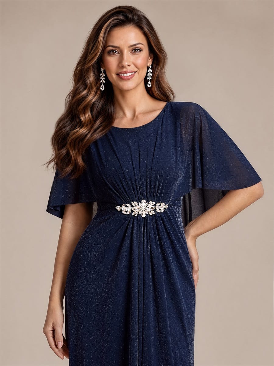 Floor Length with Round neckline, A-line, Cape sleeves and dress for the mother of the bride #color_Navy Blue