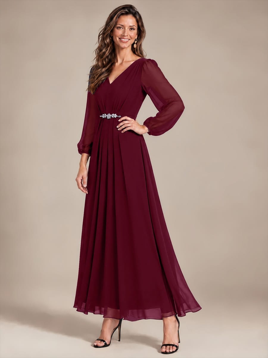 Chiffon Maxi Length V-neckline dress for the mother of the bride #color_Burgundy