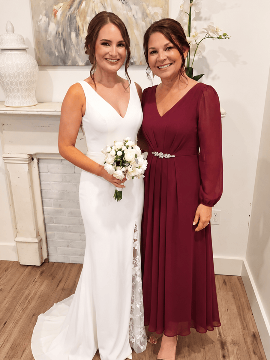 Chiffon Maxi Length V-neckline dress for the mother of the bride #color_Burgundy