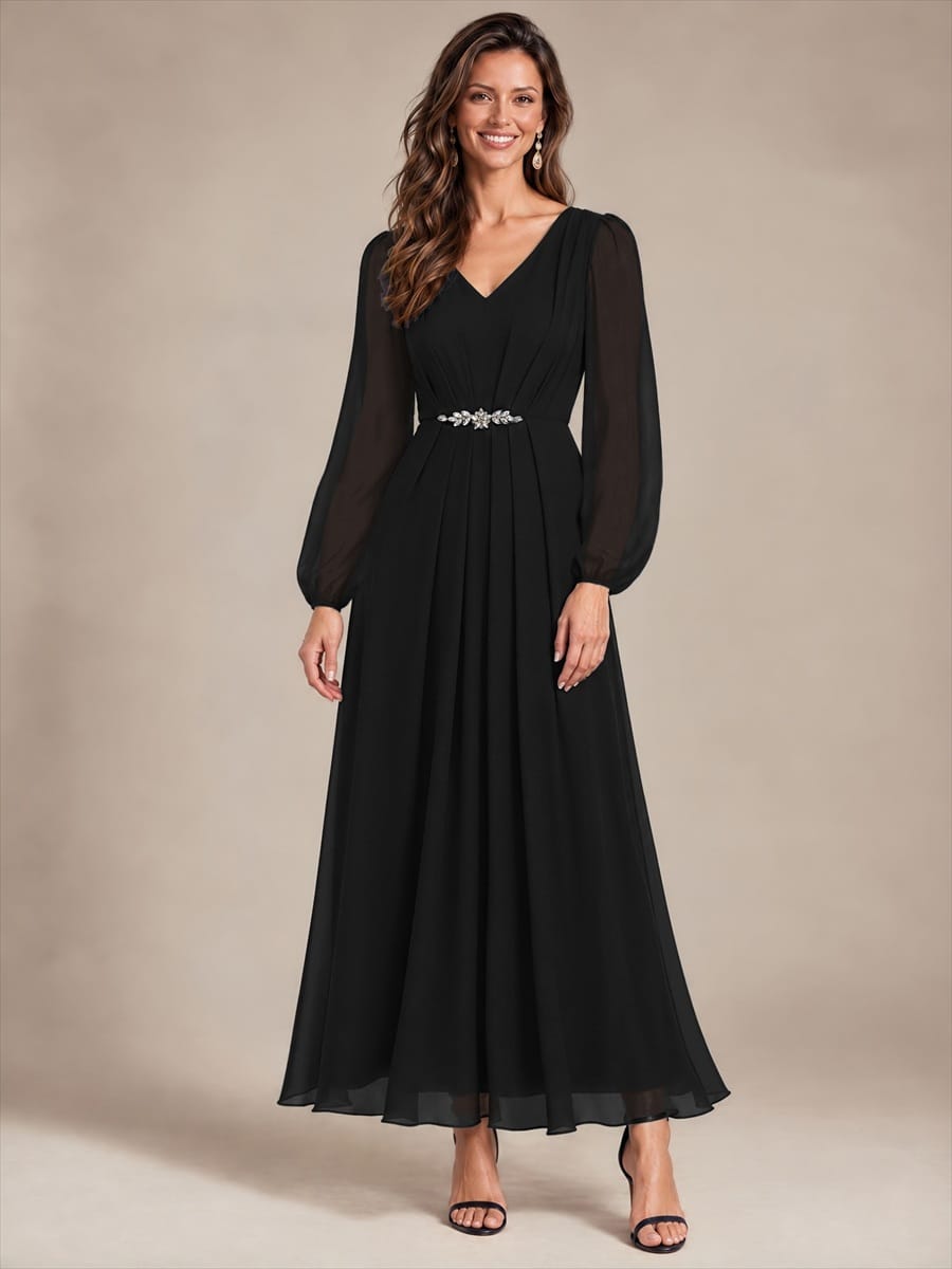 Chiffon Maxi Length V-neckline dress for the mother of the bride #color_Black