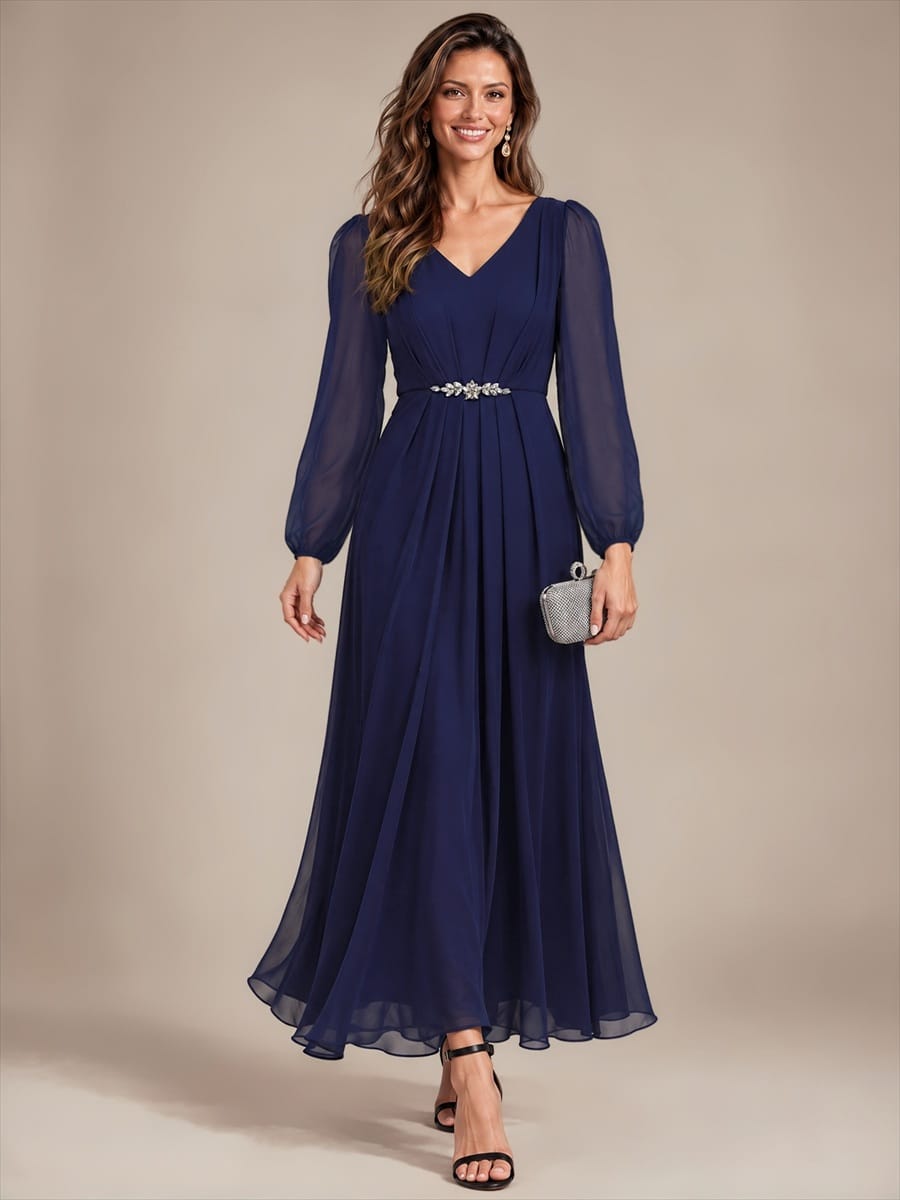 Chiffon Maxi Length V-neckline dress for the mother of the bride #color_Navy Blue