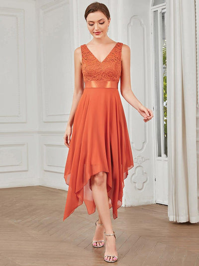 Stunning V Neck Lace Chiffon Bridesmaid Dress #color_Burnt Orange