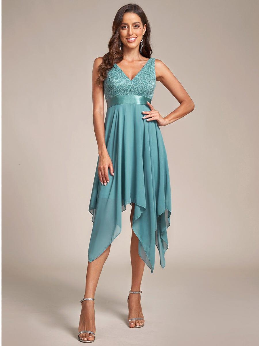 Stunning V Neck Lace & Chiffon Prom Dress for Women #color_Light Teal