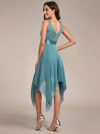 Stunning V Neck Lace Chiffon Bridesmaid Dress #color_Light Teal