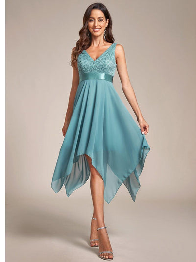 Stunning V Neck Lace Chiffon Bridesmaid Dress #color_Light Teal