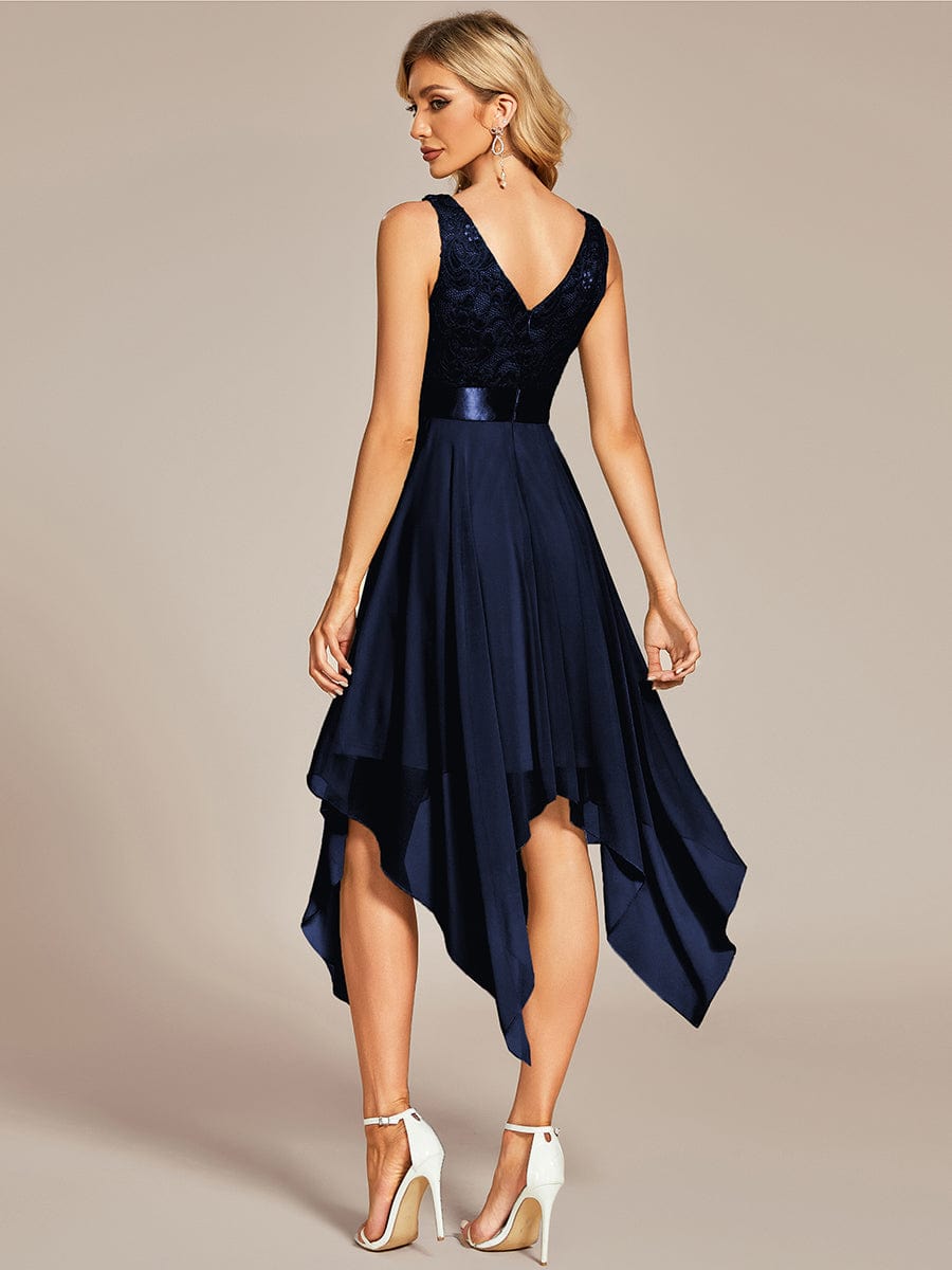 Stunning V Neck Lace & Chiffon Prom Dress for Women #color_Navy Blue